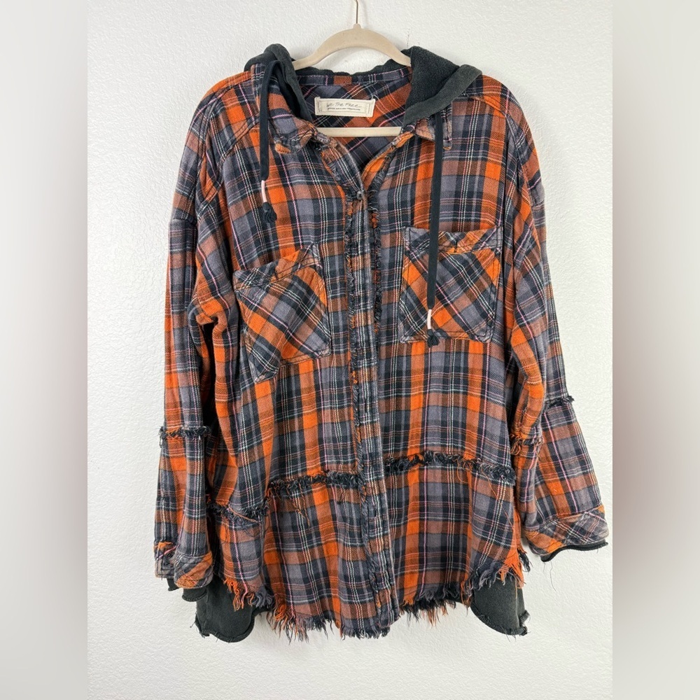 Free People Calico Basin Hooded Plaid Shirt Jacket Oversized Size M - Picture 2 of 10